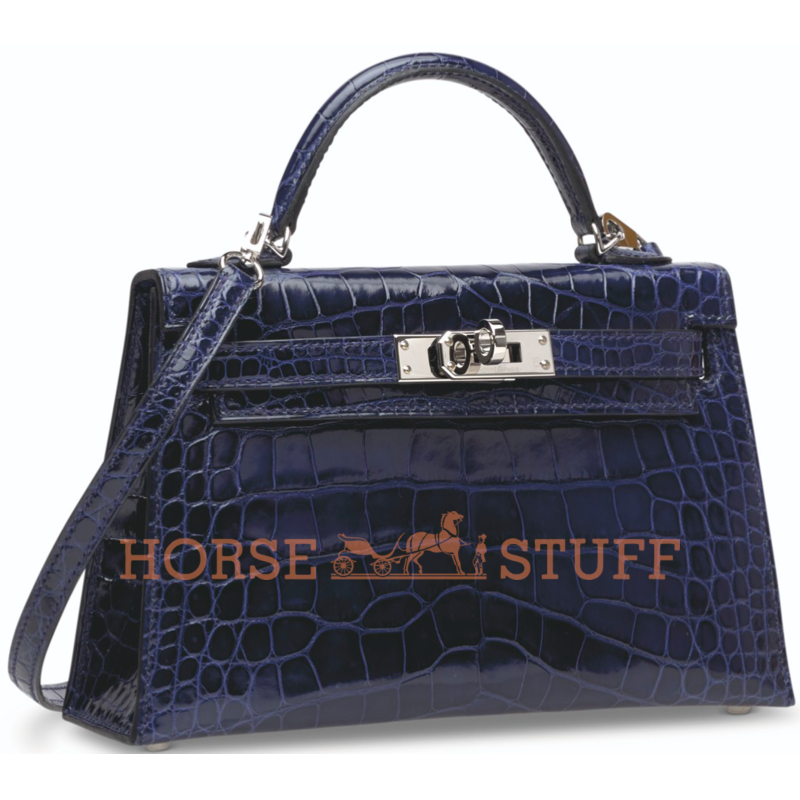 Hermès Kelly Sellier Mini II Blue Sapphire Lisse Crocodile Alligator PHW