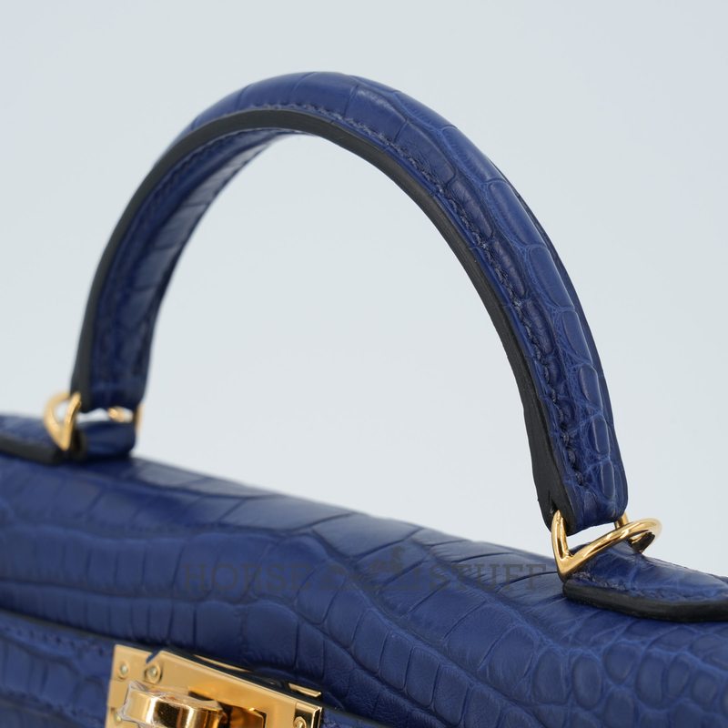 Hermès Kelly Sellier Mini II Blue Sapphire Matte Crocodile Alligator GHW