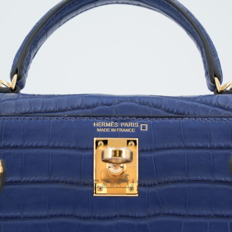 Hermès Kelly Sellier Mini II Blue Sapphire Matte Crocodile Alligator GHW