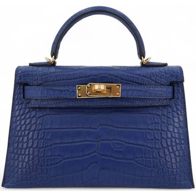 Hermès Kelly Sellier Mini II Blue Sapphire Matte Crocodile Alligator GHW