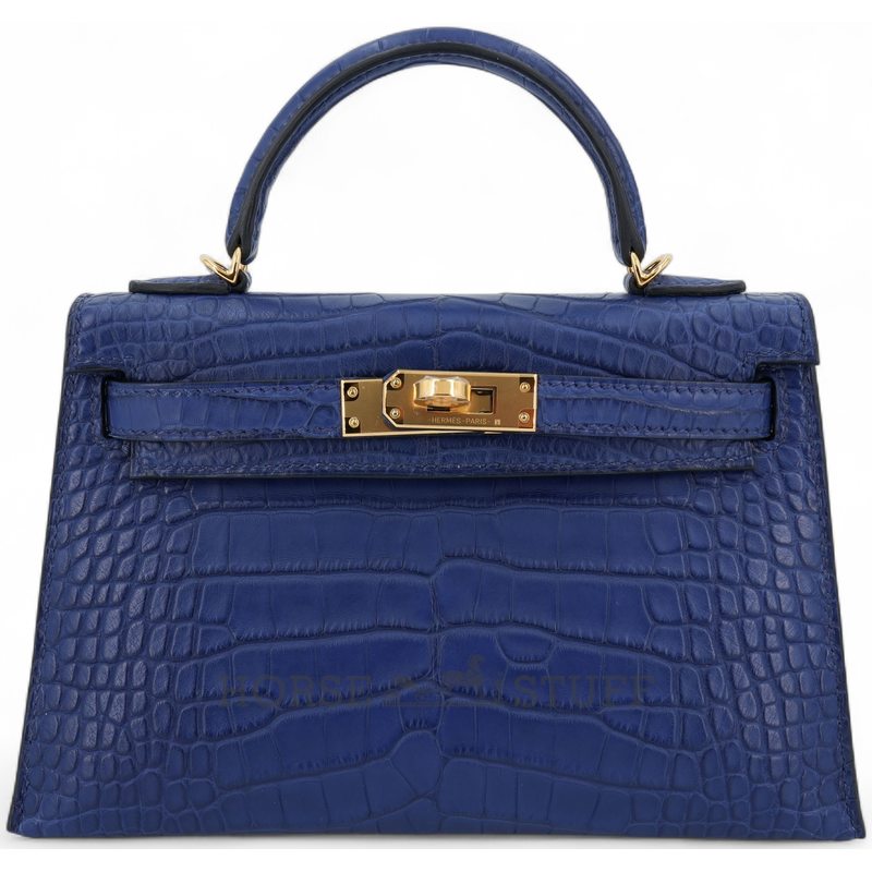 Hermès Kelly Sellier Mini II Blue Sapphire Matte Crocodile Alligator GHW