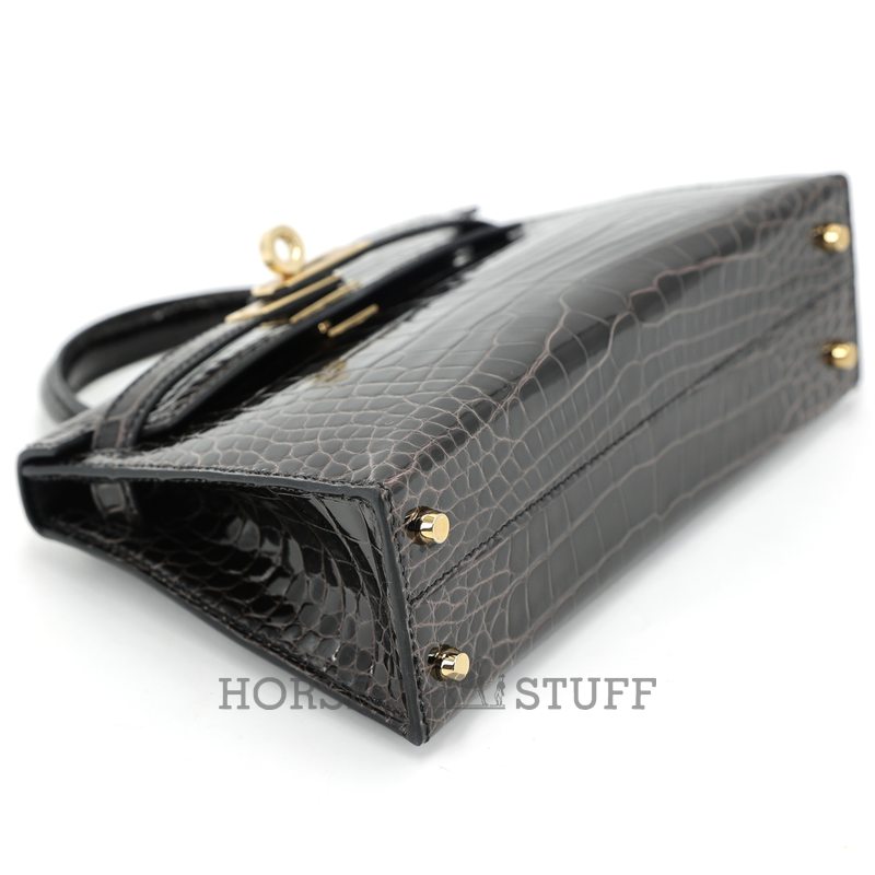 Hermès Kelly Sellier Mini II Graphite Shiny Crocodile Alligator Permabrass