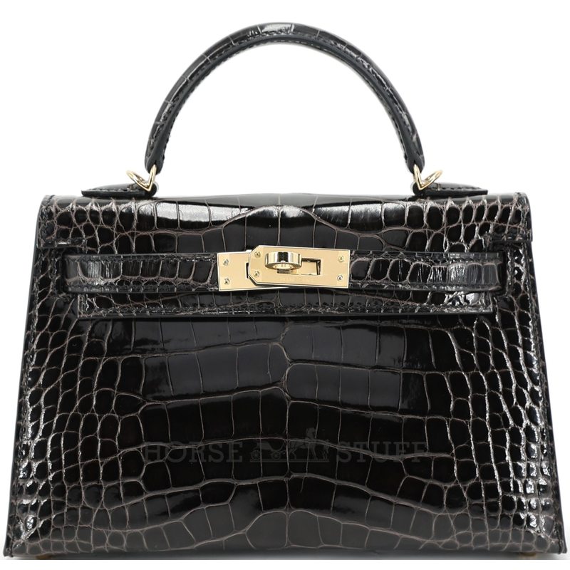 Hermès Kelly Sellier Mini II Graphite Shiny Crocodile Alligator Permabrass