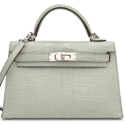 Hermès Kelly Sellier Mini II Gris Neve Matte Crocodile Alligator PHW