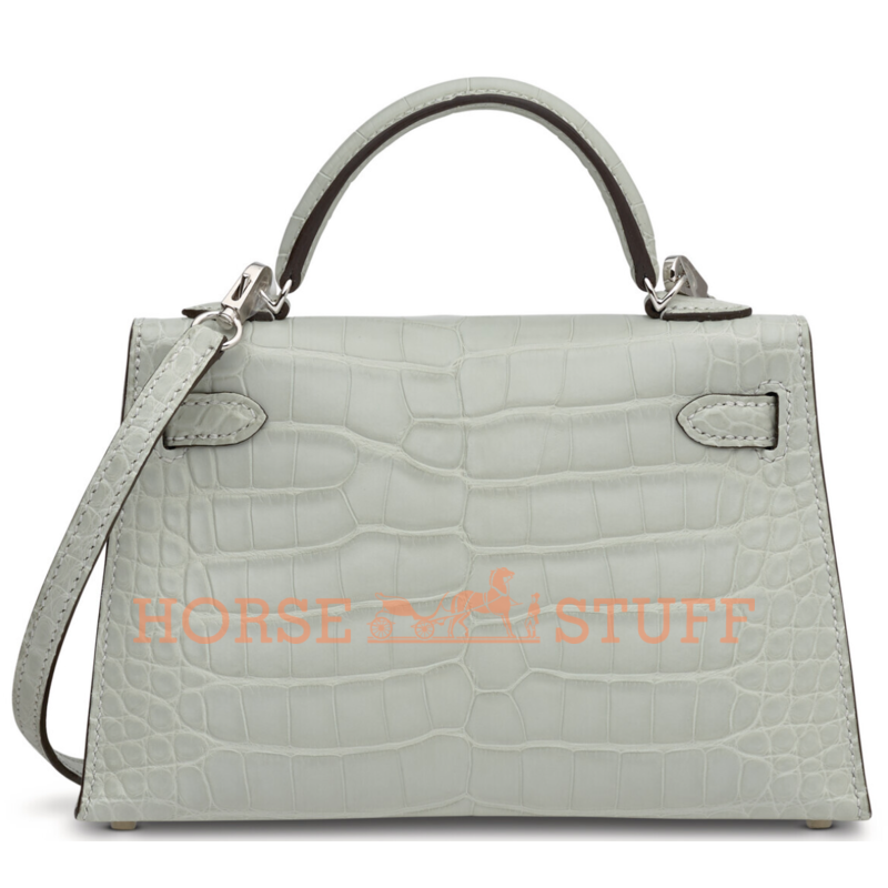 Hermès Kelly Sellier Mini II Gris Neve Matte Crocodile Alligator PHW