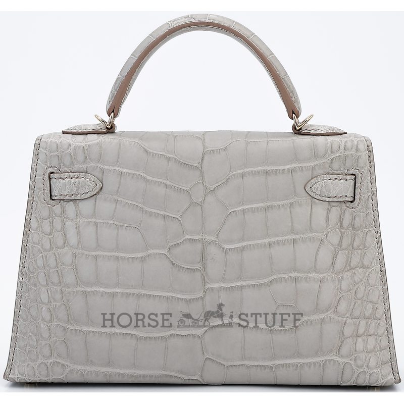 Hermès Kelly Sellier Mini II Gris Perle Matte Crocodile Alligator Permabrass HW