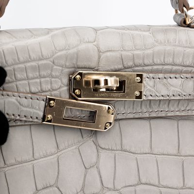 Hermès Kelly Sellier Mini II Gris Perle Matte Crocodile Alligator Permabrass HW