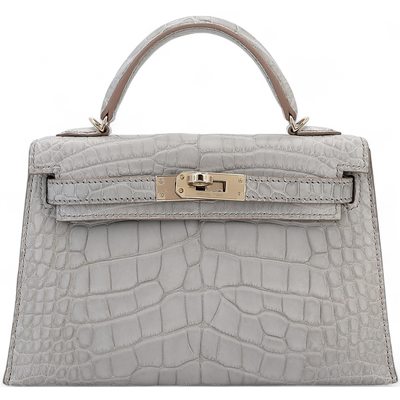 Hermès Kelly Sellier Mini II Gris Perle Matte Crocodile Alligator Permabrass HW