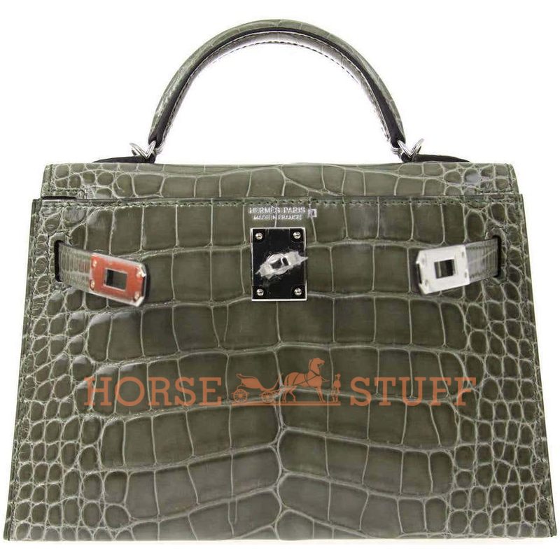 Hermès Kelly Sellier Mini II Gris Tourterelle Lisse Crocodile Alligator PHW