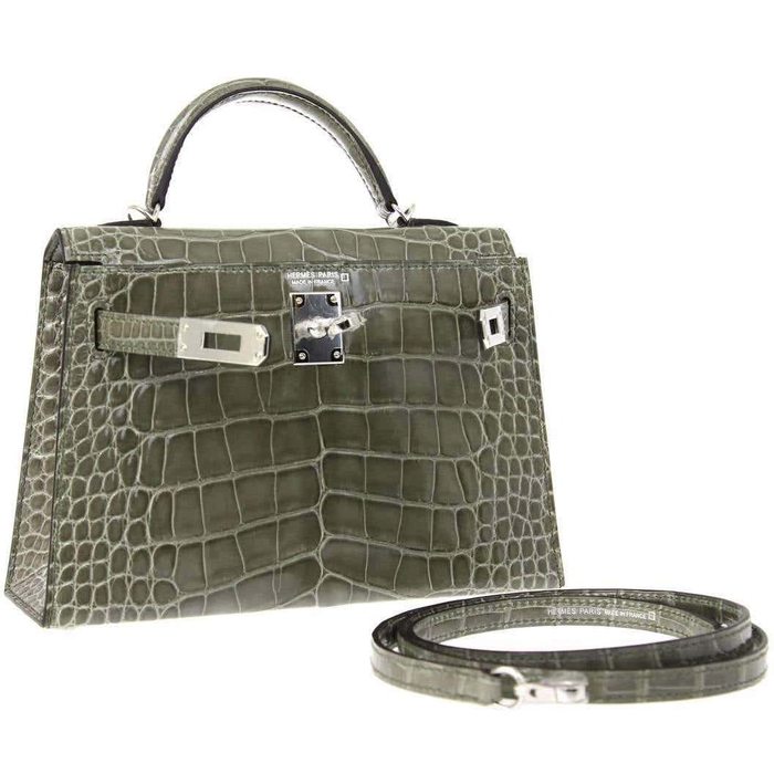 Hermès Kelly Sellier Mini II Gris Tourterelle Lisse Crocodile Alligator PHW  from 100% authentic materials!