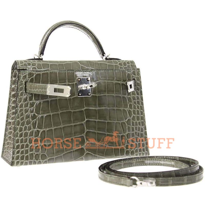 Hermès Kelly Sellier Mini II Gris Tourterelle Lisse Crocodile Alligator PHW