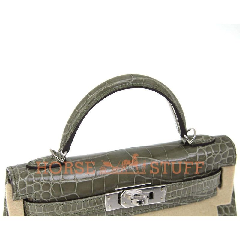 Hermès Kelly Sellier Mini II Gris Tourterelle Lisse Crocodile Alligator PHW