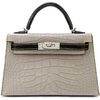 Hermès Kelly Sellier Mini II Special Order HSS Gris Perle / Black with Yellow Stitching Matte Crocodile Alligator PHW