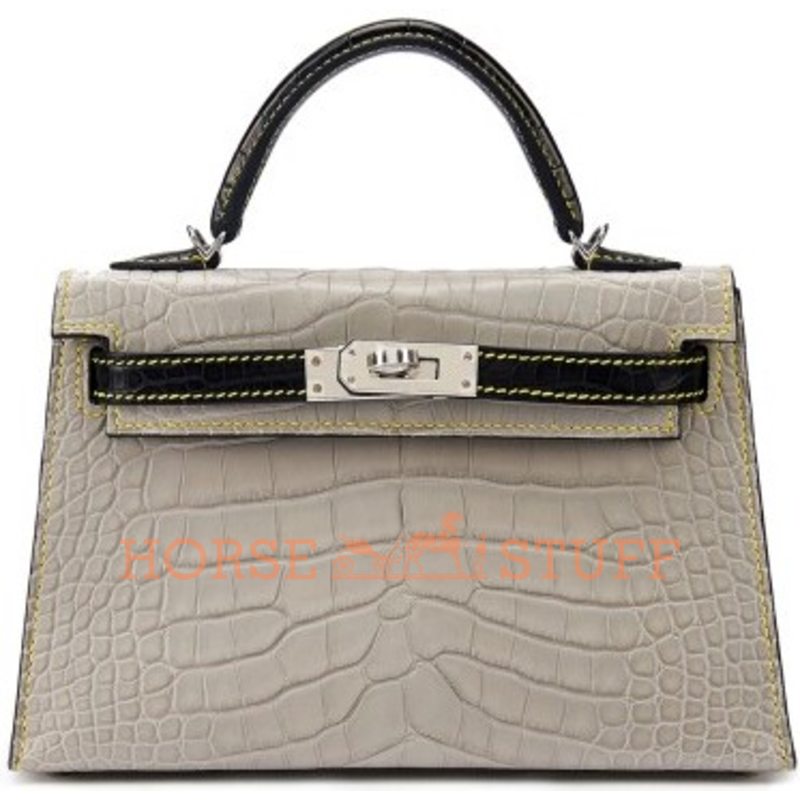 Hermès Kelly Sellier Mini II Special Order HSS Gris Perle / Black with Yellow Stitching Matte Crocodile Alligator PHW