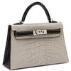 Hermès Kelly Sellier Mini II Special Order HSS Gris Perle / Black with Yellow Stitching Matte Crocodile Alligator PHW