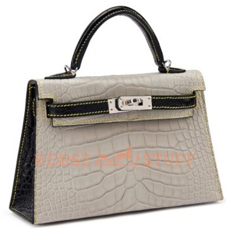 Hermès Kelly Sellier Mini II Special Order HSS Gris Perle / Black with Yellow Stitching Matte Crocodile Alligator PHW