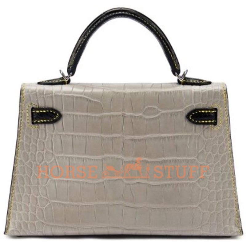 Hermès Kelly Sellier Mini II Special Order HSS Gris Perle / Black with Yellow Stitching Matte Crocodile Alligator PHW