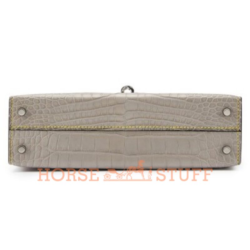 Hermès Kelly Sellier Mini II Special Order HSS Gris Perle / Black with Yellow Stitching Matte Crocodile Alligator PHW