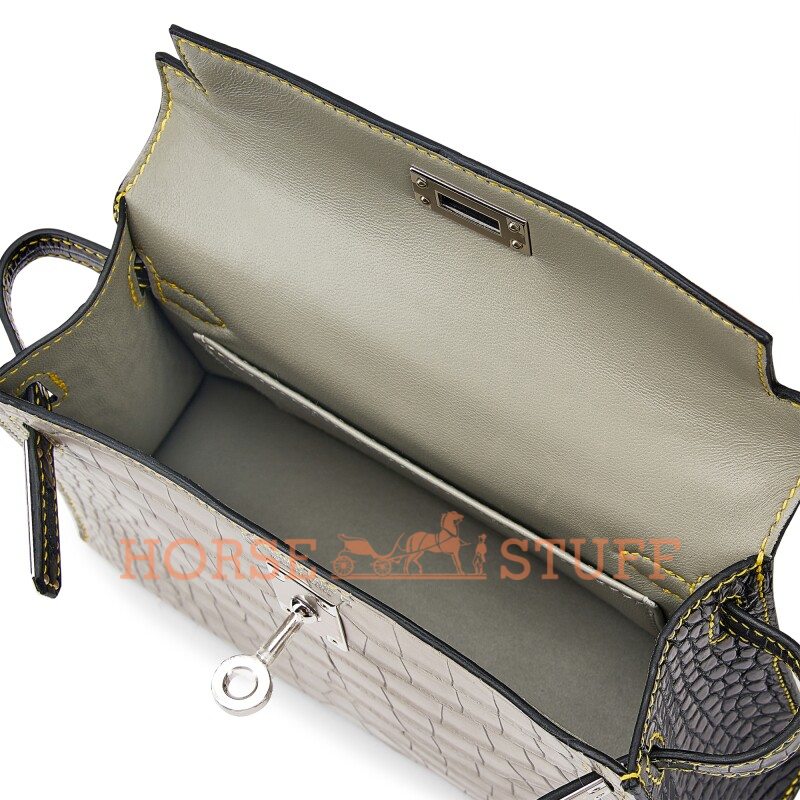 Hermès Kelly Sellier Mini II Special Order HSS Gris Perle / Black with Yellow Stitching Matte Crocodile Alligator PHW