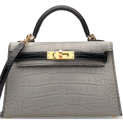 Hermès Kelly Sellier Mini II Special Order HSS Gris Perle / Black Matte Crocodile Alligator GHW