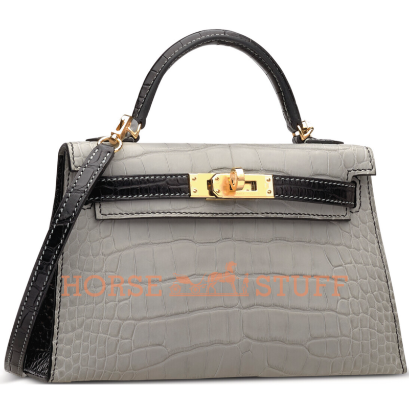 Hermès Kelly Sellier Mini II Special Order HSS Gris Perle / Black Matte Crocodile Alligator GHW