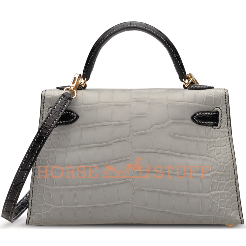 Hermès Kelly Sellier Mini II Special Order HSS Gris Perle / Black Matte Crocodile Alligator GHW