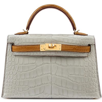 Hermès Kelly Sellier Mini II Special Order HSS Gris Perle / Kraft Matte Crocodile Alligator GHW