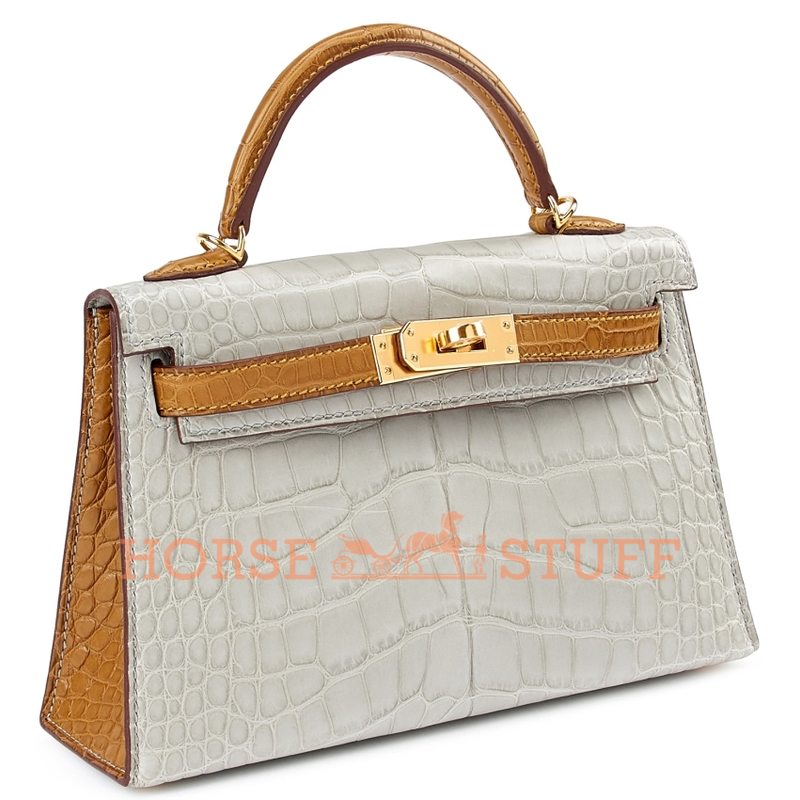 Hermès Kelly Sellier Mini II Special Order HSS Gris Perle / Kraft Matte Crocodile Alligator GHW