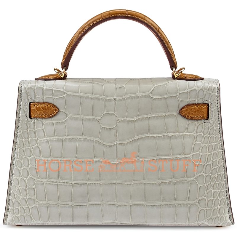 Hermès Kelly Sellier Mini II Special Order HSS Gris Perle / Kraft Matte Crocodile Alligator GHW