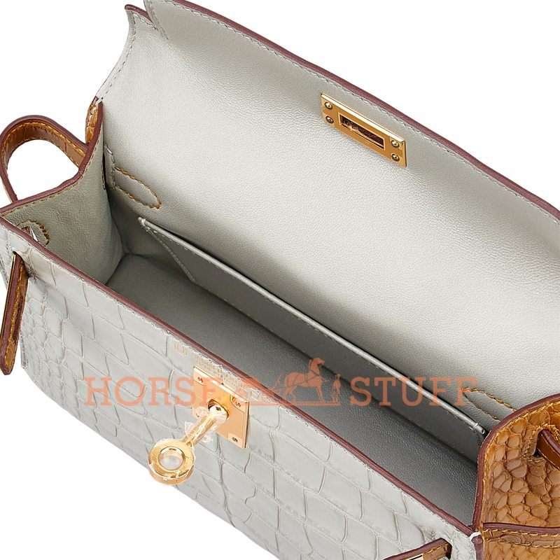 Hermès Kelly Sellier Mini II Special Order HSS Gris Perle / Kraft Matte Crocodile Alligator GHW