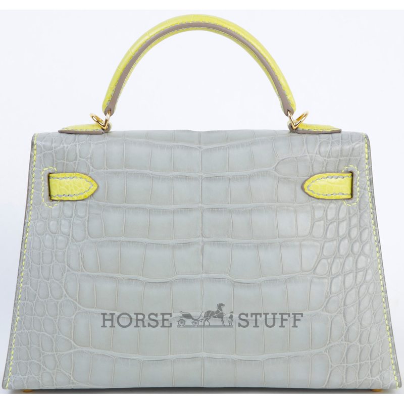 Hermès Kelly Sellier Mini II Special Order HSS Gris Perle / Lime Matte Crocodile Alligator GHW