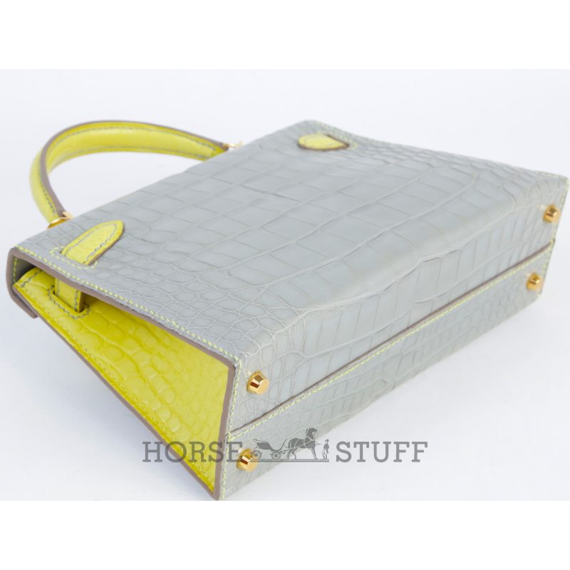 Hermès Kelly Sellier Mini II Special Order HSS Gris Perle / Lime Matte Crocodile Alligator GHW