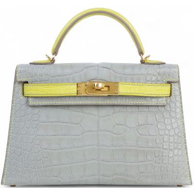 Hermès Kelly Sellier Mini II Special Order HSS Gris Perle / Lime Matte Crocodile Alligator GHW