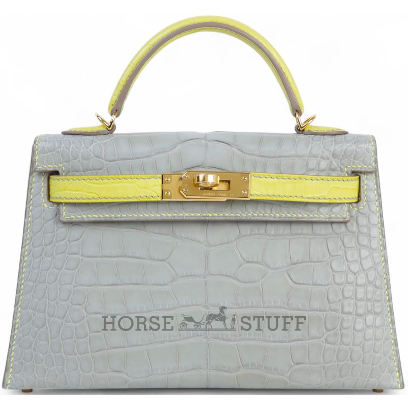 Hermès Kelly Sellier Mini II Special Order HSS Gris Perle / Lime Matte Crocodile Alligator GHW
