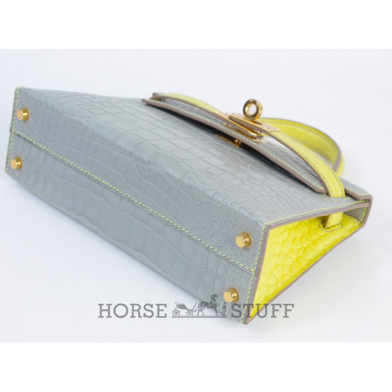 Hermès Kelly Sellier Mini II Special Order HSS Gris Perle / Lime Matte Crocodile Alligator GHW
