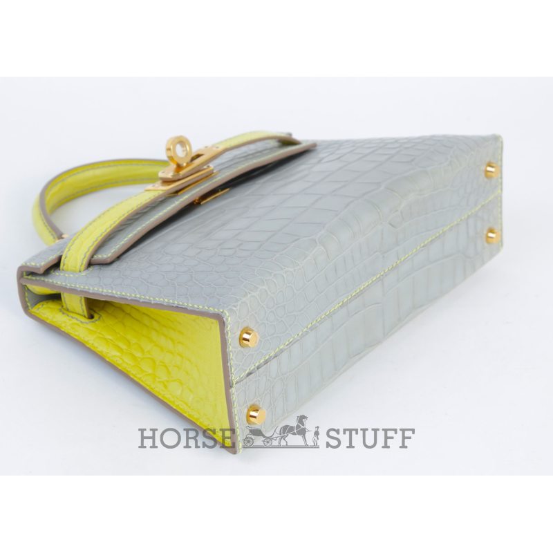 Hermès Kelly Sellier Mini II Special Order HSS Gris Perle / Lime Matte Crocodile Alligator GHW