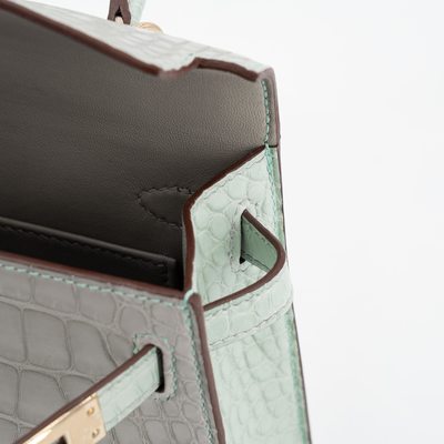 Hermès Kelly Sellier Mini II Special Order HSS Gris Perle / Vert d'Eau Matte Crocodile Alligator Permabrass