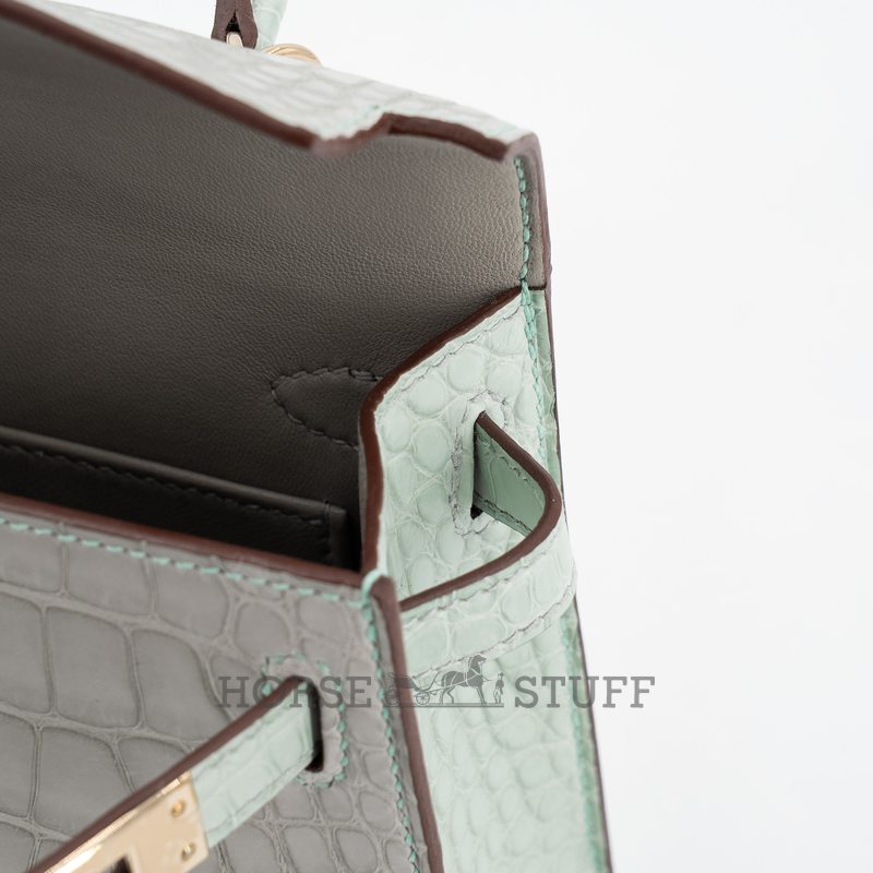 Hermès Kelly Sellier Mini II Special Order HSS Gris Perle / Vert d'Eau Matte Crocodile Alligator Permabrass