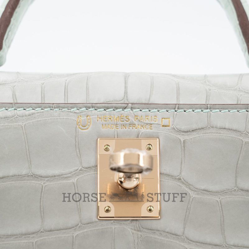 Hermès Kelly Sellier Mini II Special Order HSS Gris Perle / Vert d'Eau Matte Crocodile Alligator Permabrass