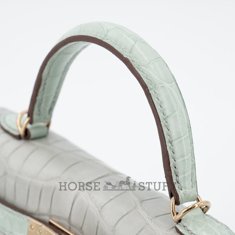 Hermès Kelly Sellier Mini II Special Order HSS Gris Perle / Vert d'Eau Matte Crocodile Alligator Permabrass