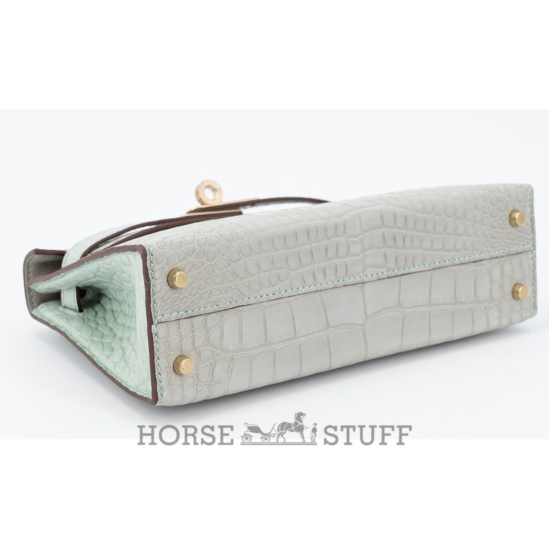 Hermès Kelly Sellier Mini II Special Order HSS Gris Perle / Vert d'Eau Matte Crocodile Alligator Permabrass