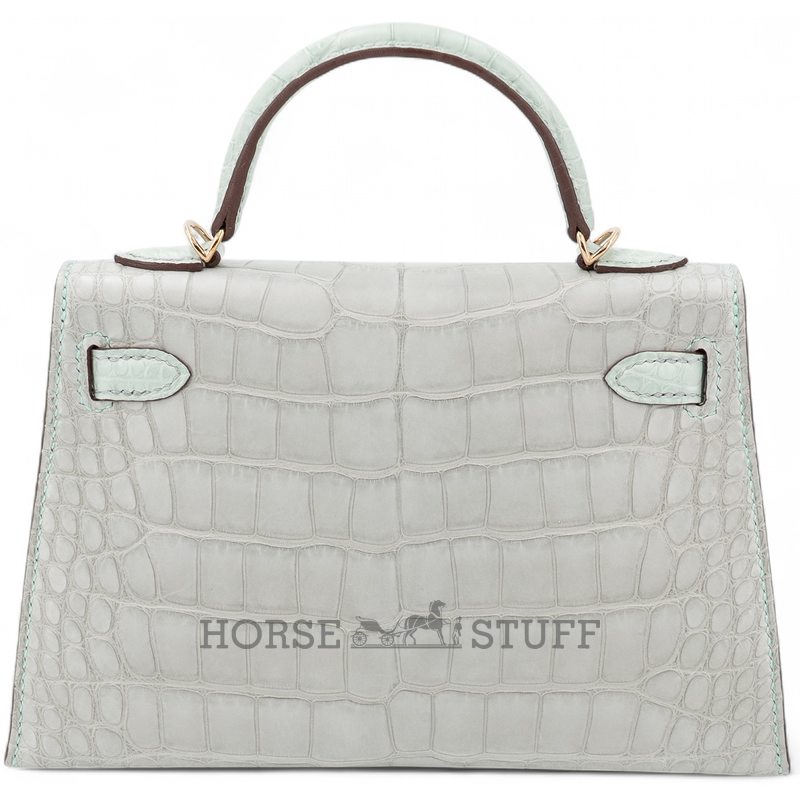 Hermès Kelly Sellier Mini II Special Order HSS Gris Perle / Vert d'Eau Matte Crocodile Alligator Permabrass