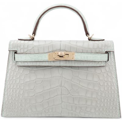 Hermès Kelly Sellier Mini II Special Order HSS Gris Perle / Vert d'Eau Matte Crocodile Alligator Permabrass