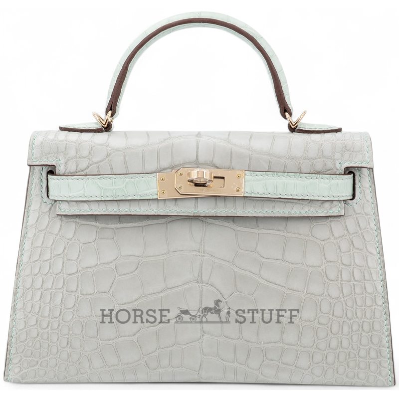 Hermès Kelly Sellier Mini II Special Order HSS Gris Perle / Vert d'Eau Matte Crocodile Alligator Permabrass