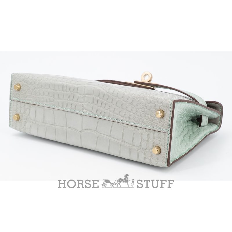 Hermès Kelly Sellier Mini II Special Order HSS Gris Perle / Vert d'Eau Matte Crocodile Alligator Permabrass