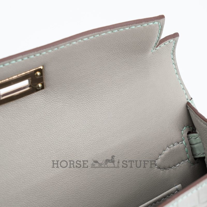 Hermès Kelly Sellier Mini II Special Order HSS Gris Perle / Vert d'Eau Matte Crocodile Alligator Permabrass