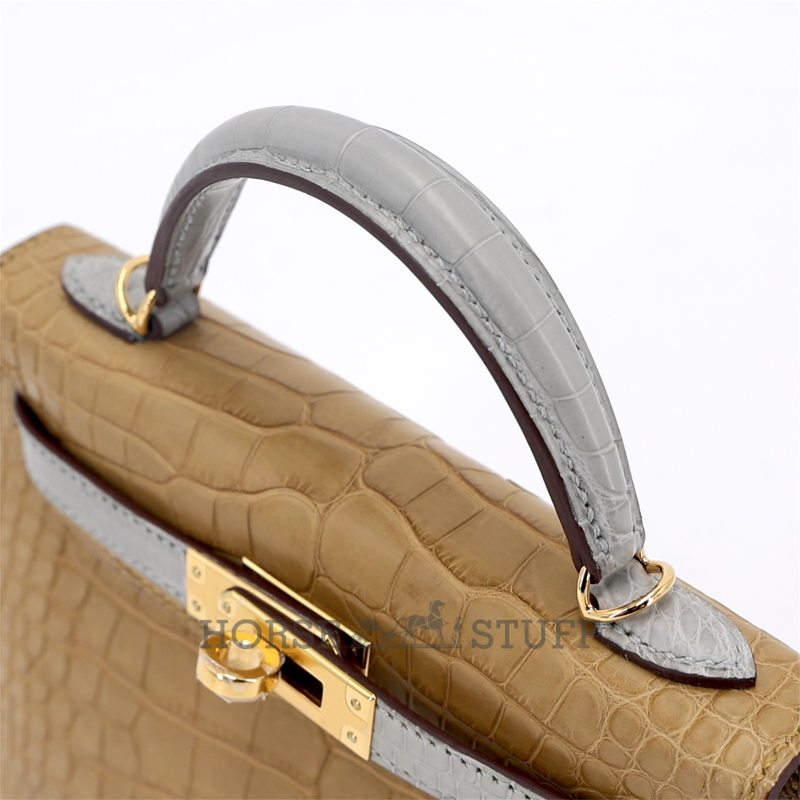 Hermès Kelly Sellier Mini II Special Order HSS Kraft / Gris Perle Matte Crocodile Alligator GHW