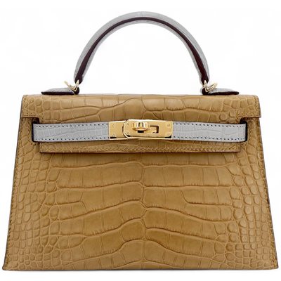 Hermès Kelly Sellier Mini II Special Order HSS Kraft / Gris Perle Matte Crocodile Alligator GHW