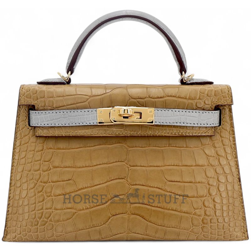 Hermès Kelly Sellier Mini II Special Order HSS Kraft / Gris Perle Matte Crocodile Alligator GHW