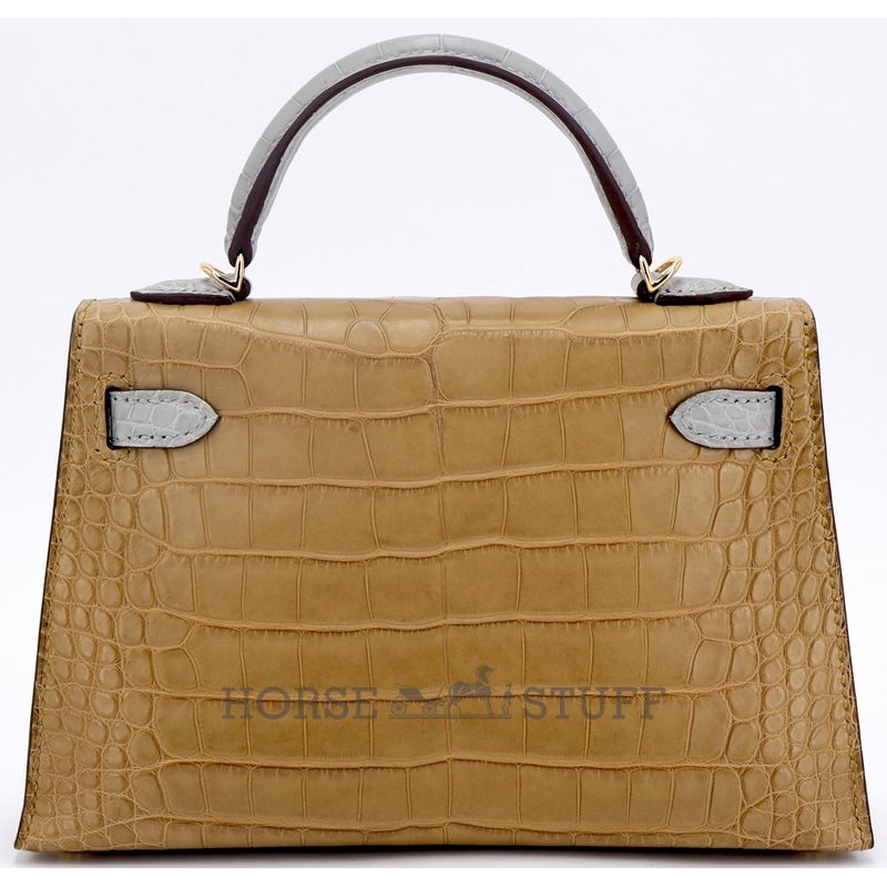 Hermès Kelly Sellier Mini II Special Order HSS Kraft / Gris Perle Matte Crocodile Alligator GHW